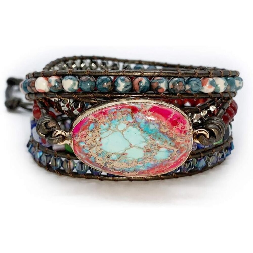 Boho Handmade Natural Stone Wrap Bracelet Turquoises Crystal 34" Gift